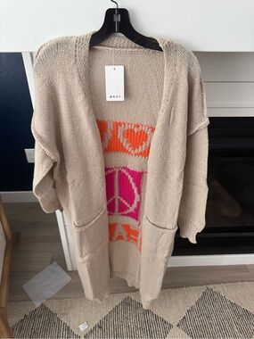 Hidden Brand Love & Peace Exposed Seam Long Maxi Knit Cardigan Beige New